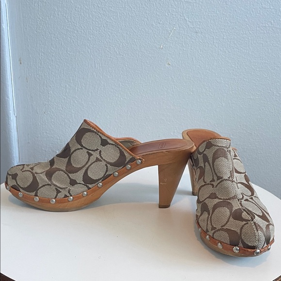 Coach Shoes - Coach Tan & Brown Signature Canvas Clog Heels